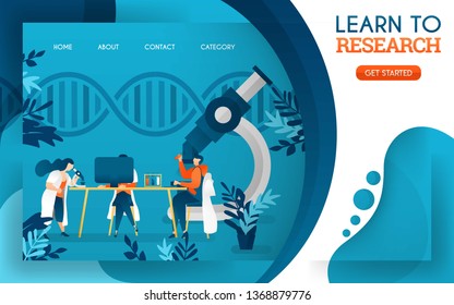 young doctors are studying research with the help of computers and microscopes. flat cartoon vector illustration