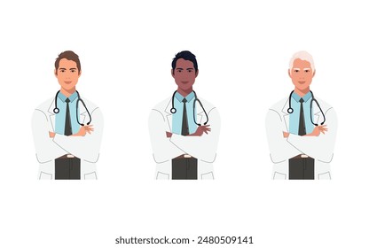 Young doctors with their arms crossed in a confident manner with a phonendoscope in their uniforms of different skin colours. Europeans and African-Americans.