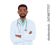 Young doctors in white medical coats standing with arms folded. Flat vector illustration isolated on white background