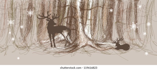 Young doe with father Deer / Drawn forest background