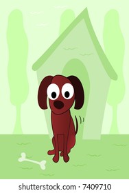 Young dog in front of doghouse - vector.