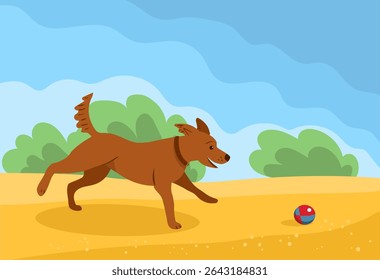 Um cachorro jovem corre atrás do baile ao ar livre. Ilustração vetorial. Desenho de mãos, não IA.