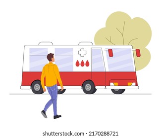 Young Donor Man Go To The Mobile Blood Donation Bus. Guy Volunteer Entering To Medical Center Vehicle. Charity And Relief Work Concept. Color Flat Vector Illustration Isolated On White Background