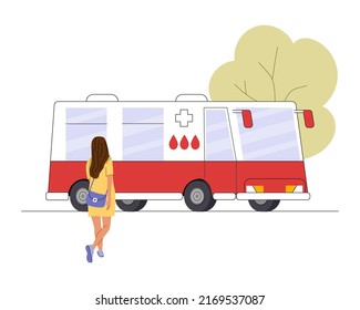 Young Donor Woman Go To The Mobile Blood Donation Bus. Girl Volunteer Entering To Medical Center Vehicle. Charity And Relief Work Concept. Color Flat Vector Illustration Isolated On White Background