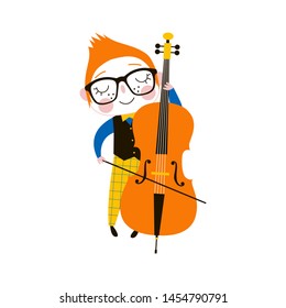Junge Doppel-Bass-Player flach Vektorgrafik. Talentiertes kreatives Kind in Brillen, das Musikinstrument spielt, einzelne Cartoon-Figur auf weißem Hintergrund. Hobby-Zeichnung von Schoolboy