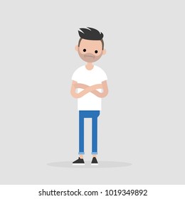 Young doubting character standing with crossed arms and tilting head. Negative emotions. Concern. / flat editable vector illustration