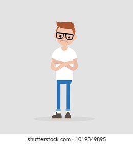 Young doubting character standing with crossed arms and tilting head. Negative emotions. Concern. / flat editable vector illustration