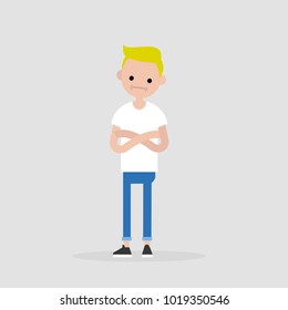 Young doubting character standing with crossed arms and tilting head. Negative emotions. Concern. / flat editable vector illustration