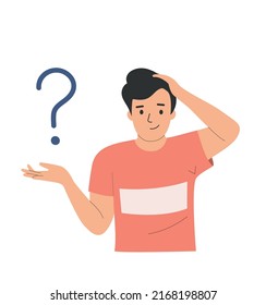 Young Doubting man  with question mark. Flat style cartoon vector illustration. 