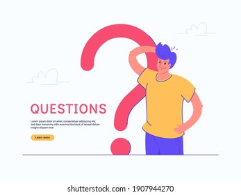 Young doubting man standing near big question symbol on white background. Flat modern concept vector illustration of people who has questions so needs qualified help, support or consultation