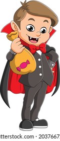 The young dracula is holding a sack full of candies of illustration