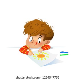 Dibujo joven con lápices de cera coloreados en una lista de papel con un aspecto de concentración. Ilustración del vector