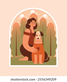 Young dream woman sitting on grass with her dog in sweater. Cute isolated clip art for card, banner, brochure, flyer in window frame. National Dog Day. Flat Design. Modern illustration.