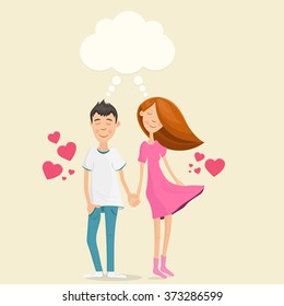 Young dreaming couple with speech bubble. Valentines day card. Vector illustration