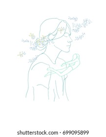 Young dreaming and mindful girl with flowers around her in the white background. Dreams about harmony. Picture elements for greeting cards, badge, wedding invitations, tattoo, birthday or poster