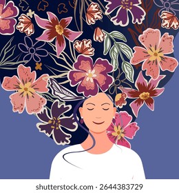 Young dreaming woman with floral background on long hair. Woman mental health self-care. Joy, calm, happiness concept. Flat vector illustration.