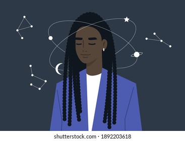 Young dreamy female Black character imagining the universe spinning around their head, calm mind and meditation, esoteric knowledge