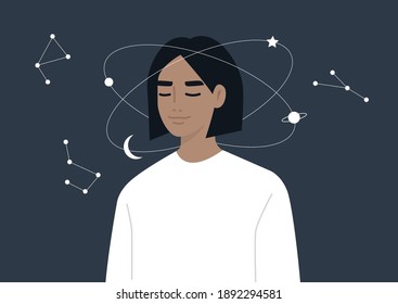 Young dreamy female character imagining the universe spinning around their head, calm mind and meditation, esoteric knowledge
