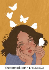 young dreamy girl and shining butterflies are her thoughts flying away into the distance