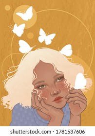 young dreamy girl and shining butterflies are her thoughts flying away into the distance