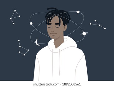 Young dreamy male Black character imagining the universe spinning around their head, calm mind and meditation, esoteric knowledge