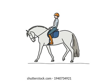 Young dressage rider man on horse isolated on white background. Vector illustration