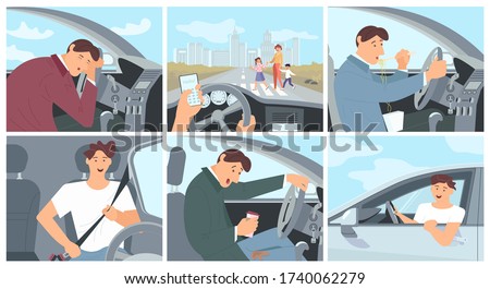 Young driver character in car concept series - fastens the seat belt, sleeping, eating noodles and drinking coffee. Сollection of driving cases. Flat Art Vector Illustration Imagine de stoc © 