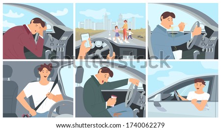 Young driver character in car concept series - fastens the seat belt, sleeping, eating noodles and drinking coffee. Сollection of driving cases. Flat Art Vector Illustration