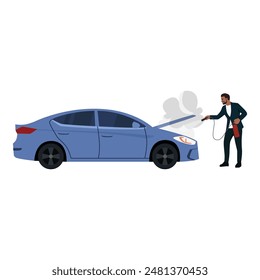 Young driver with a fire extinguisher trying to put out the fire in a car engine. Flat vector illustration isolated on white background