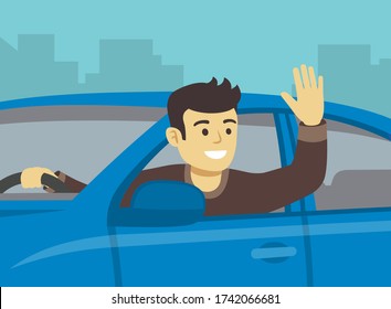 Young driver leaning out of the car window. Man sitting in a car on driver's place and raising his hand. Flat vector illustration.