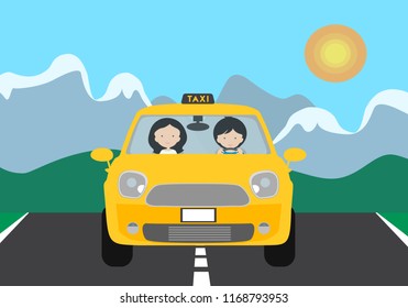 A young driver man driving a yellow car with a passenger and a TAXI sign. Gray asphalt road with white stripes and green lawn, with landscape mountains in the background under blue sky. Vector