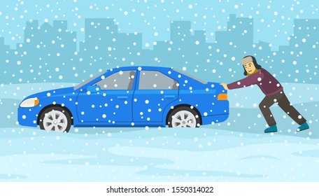 Young driver man pushing his car stuck in snow. Winter season car driving. Flat vector illustration template.