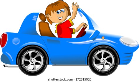 young driver in a red shirt on a blue car