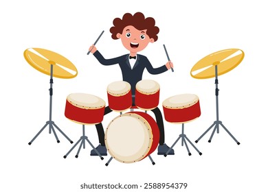 Young drummer enthusiastically plays drums at a lively music event