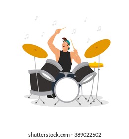 young drummer playing the drum kit. isolated illustration. vector illustration.