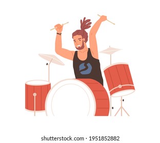 Young drummer playing drums with passion and expression. Excited musician performing rock music. Modern drumer with drumsticks. Colored flat vector illustration isolated on white background