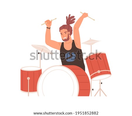 Young drummer playing drums with passion and expression. Excited musician performing rock music. Modern drumer with drumsticks. Colored flat vector illustration isolated on white background