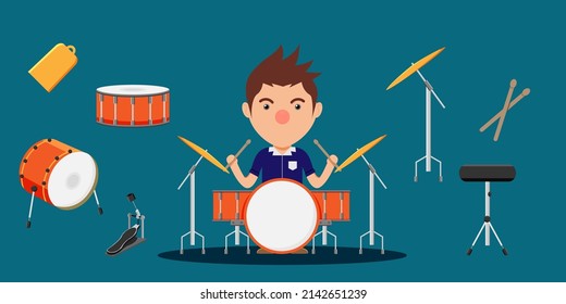 Young drummer playing the drums set and equipment in work, musician in cartoon style for graphic designer
