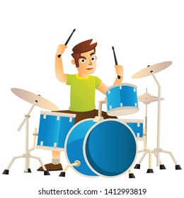 A young drummer very spirit playing on drum set