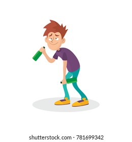 Young drunk guy with bottles in hands. People suffering from alcoholism. Alcohol addiction. Bad habit. Cartoon teenager character. Flat vector illustration