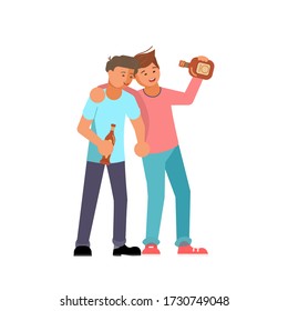 Young drunk two close friends hugging and drinking alcohol from bottls. Happy guys characters smiling and celebrating in bar or party. Friendship concept Isolated on white Flat Art Vector Illustration