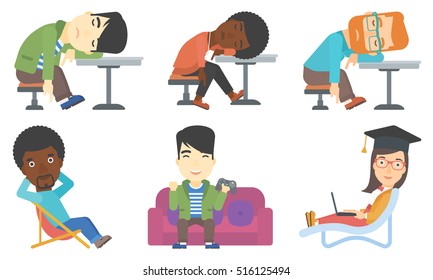 Young drunk woman deeply sleeping in bar. Drunk man sleeping in pub. Bar customer asleep on the table. Alcohol addiction concept. Set of vector flat design illustrations isolated on white background.