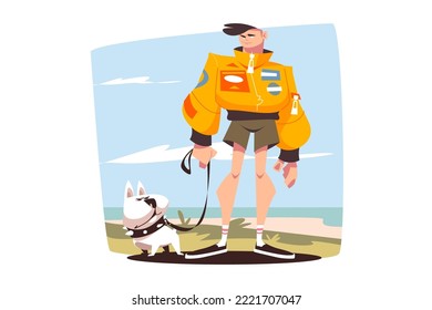 Un chico joven caminando con un perro corredizo fuera de la ilustración del vector. Hombre con ropa casual con el concepto de estilo de casa mascota plana