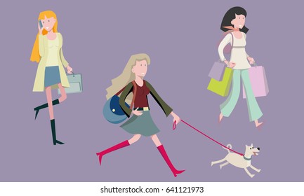 Young dynamic and active women. Women walking. Woman on cellphone. Woman with dog. Woman doing shopping.