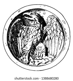 Young Eagle is shown on a scutella or dish during the Roman times, vintage line drawing or engraving illustration.