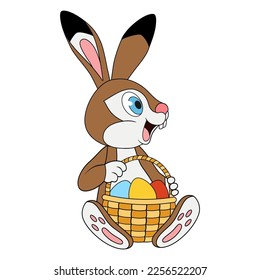 Young Easter Hare sitting and holding basketf ull of Easter eggs. Side view. Funny cartoon character Rabbit. Template of decoration element for celebration or education card for kids. Easter concept.