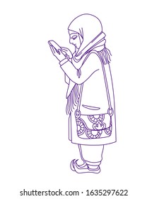 young eastern cute muslim girl in hijab with bag & smartphone, sends sms, color vector illustration with blue ink contour lines isolated on white background in hand drawn and cartoon style