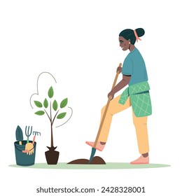 Joven eco voluntaria afro americana mujer planta un árbol. Cuidado del medio ambiente, voluntariado, concepto de reforestación, jardinería de primavera. Ilustración plana del vector de la historieta aislada sobre fondo blanco