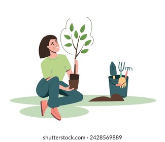 Junge Eco Freiwillige Frau pflanzt einen Baum. Umweltpflege, Freiwilligenarbeit, Wiederaufforstungskonzept, Frühjahrsgärtnerei. Flache Cartoon Vektor-Illustration isoliert auf weißem Hintergrund