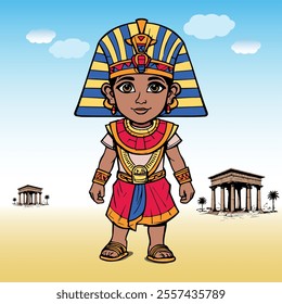 Young Egyptian king walking beside temples